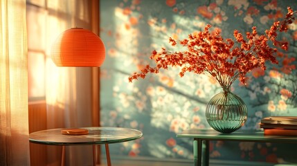 Poster - Sideangle view of dining room featuring round glass table stylish chair green kitchen shelf vase dried flowers and vibrant patterned wallpaper bathed in light from a modern lamp Home decor template