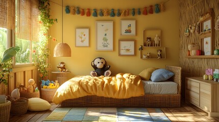 Poster - Sideangle view of playful kids room featuring a rattan lamp BurlyWood walls a rattan bed plush monkey and colorful garland above Toys and personal accessories complete the cozy decor