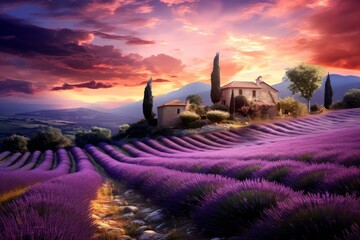 Poster - Stunning lavender field in full bloom at sunset, with a traditional farmhouse nestled amidst the fragrant blossoms in the picturesque landscape of provence, france