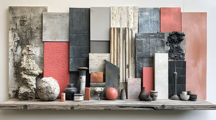 Fototapete - Side view of designer moodboard showcasing textile swatches pink and black paint samples light grey tiles and panels all artfully arranged with copy space for branding Interior design template