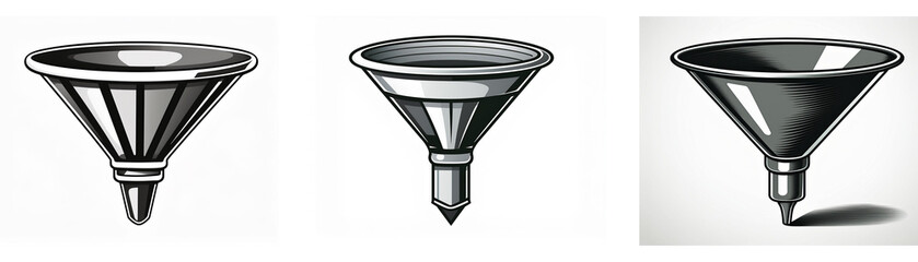 Poster - Three variations of a kitchen utensil icon: a funnel, shown in different styles.  Each has a wide top and narrow pointed end.