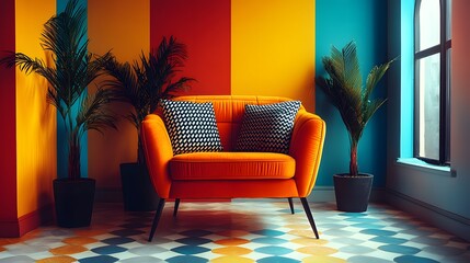 Poster - Side view of stunning Memphis design interior a brightly colored armchair a sleek console and lively decorative props highlighting the playful geometric patterns that characterize this unique style