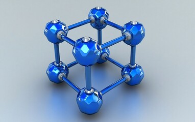 Poster - Abstract 3D rendering of a blue metallic cube-shaped molecular structure.
