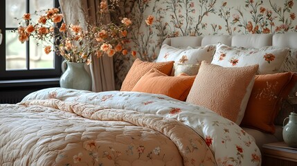 Poster - Side view of inviting bedroom showcasing stunning wallpaper a modern bed with plush pillows and floral accents in a vase enhanced by elegant decorations and cozy bedding Template