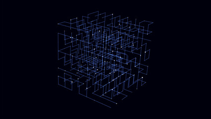 Poster - Vector futuristic space blue cube. Network connection structure cyberspace with moving particles in closed room. Big data visualization. Abstract cyber security background.
