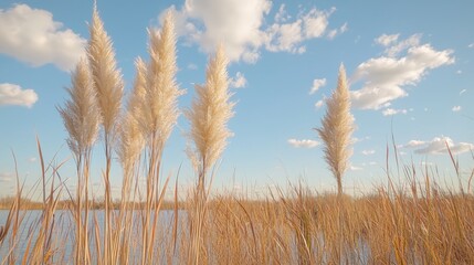  Pampas grass by lake, sunny day, clouds. Nature background, website banner