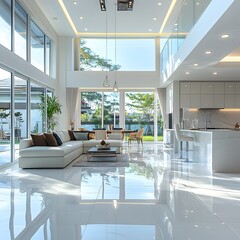 Poster - Spacious luxurious interior featuring sleek white kitchen and elegant dining room seamlessly connected to a bright living room highlighted by large windows allowing natural light to flow in