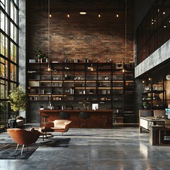 Poster - Spacious modern office interior a loft with industrial decor Industrial lighting fixtures and open shelving enhance the creative atmosphere 3D render capturing the essence of a vibrant workspace