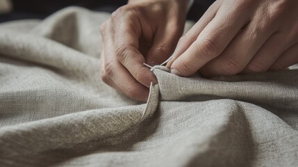 Wall Mural - A close-up of delicate khadi fabric being carefully aligned and pinned before sewing.