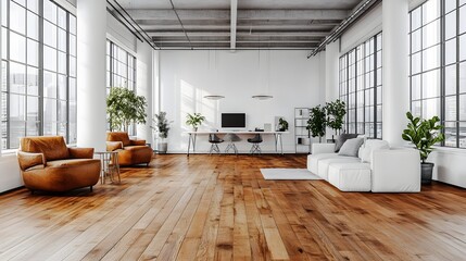 Poster - Spacious white modern office interior an industrial loft design Minimalist furniture with metal accents creates a clean workspace Warm wooden floors add a touch of comfort in this 3D render