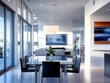 © nitiroj - Ultramodern dining room with glass table, artistic pendant lighting, and contemporary chairs, stylish and sophisticated