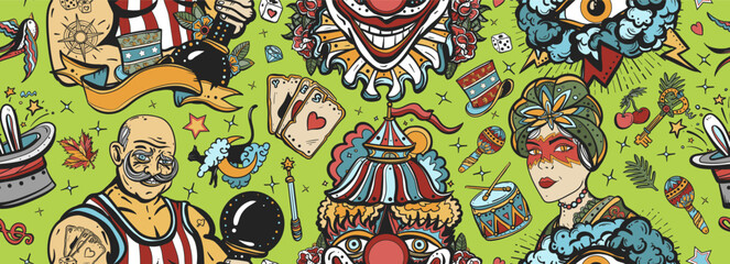  Circus. Traditional tattooing background. Old school tattoo seamless pattern. Clown, strong man with dumbbells, fortune teller woman, magic trick, rabbit in a magician hat