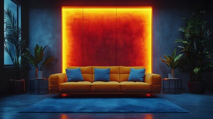 Poster - Stylish interior of living room featuring a wall mockup against a dark backdrop Modern furniture and geometric decor give the room a bold sophisticated look in this detailed 3D render