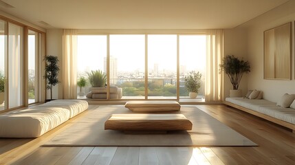 Fototapete - Stylish interior of modern living room featuring a wall mockup Elegant furniture and minimal decor create a serene atmosphere Large windows allow natural light to enhance the space in this 3D render