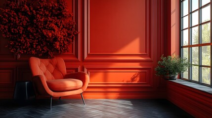 Poster - Stylish interior of living room featuring a wall mockup against a dark backdrop Modern furniture and geometric decor give the room a bold sophisticated look in this detailed 3D render