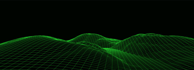 Poster - technology perspective grid with mountain landscape background. vector digital space wireframe lands