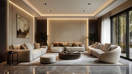 Poster - Stylish living room interior a wall mockup Elegant lines and neutral color tones blend with statement furniture pieces creating a modern and welcoming atmosphere in this sleek 3D render