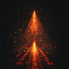 Poster - Abstract glowing pyramid formed by digital binary data, symbolizing technology, innovation, and data processing in a futuristic concept.