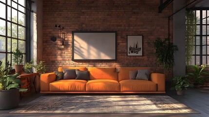Poster - Stylish living room loft industrial style with high ceilings and an open layout Decorative plants and vintage decor soften the raw materials creating a balanced aesthetic in this 3D render