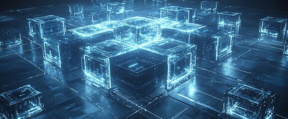 Poster - Glowing blue cubes network digital abstract.