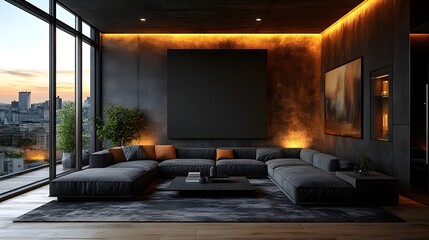 Fototapete - Stylish modern dark living room interior highlighting black empty wall mock up Minimalist furniture and layered textures provide depth and warmth in this elegant 3D render of urban sophistication