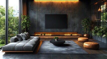 Fototapete - Stylish modern dark living room interior highlighting black empty wall mock up Minimalist furniture and layered textures provide depth and warmth in this elegant 3D render of urban sophistication