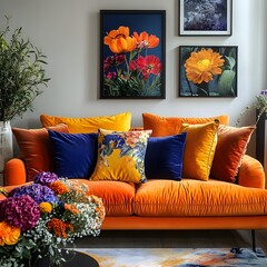 Poster - Stylish sofa bold cushions and fresh flowers mockup poster frame prominently displayed captured from a birdseye view to highlight the arrangement and colorful decor creating an inviting feel