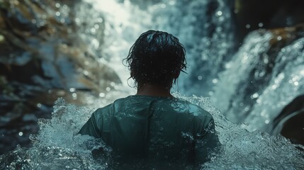 a man immersed in a powerful waterfall his back to the viewer enjoying nature