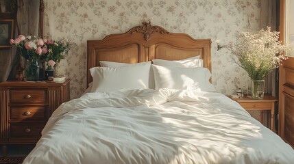 Poster - Topdown view of cozy bedroom highlighting patterned wallpaper a contemporary bed with decorative sheets and flowers in a vase surrounded by elegant accessories and cozy decor elements Template