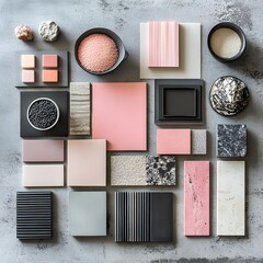 Poster - Topdown view of creative flat lay composition with textile swatches paint samples and tiles in pink black and light grey Stylish moodboard for an interior designer with ample copy space Template