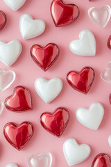 Poster - Top view of red and white glossy heart-shaped decorations scattered on a soft pink background, symbolizing love and romance, perfect for Valentine's Day celebrations.