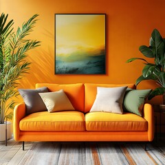 Poster - vibrant living room scene featuring design boucle sofa a mockup poster on the wall plants in stylish