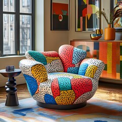 Poster - Vibrant Memphis design interior featuring colorful armchair paired with a playful console and decorative props highlighting bold shapes and patterns for an eyecatching visual experience