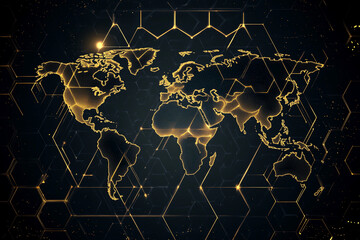 A digital world map with glowing golden continents on a dark, connected grid background, symbolizing global technology, data connectivity, and modern communication networks.