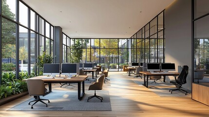 Poster - Modern sunlit office space with workstations, plants, and large windows.