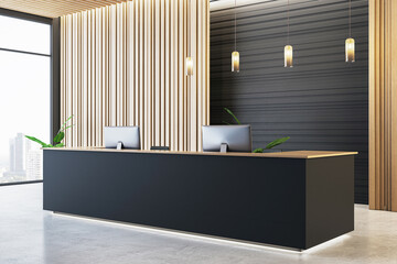 Poster - Modern reception desk in corporate office with wood panel walls and city view. 3D Rendering