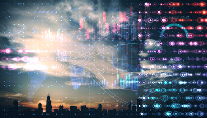 Aufkleber - Abstract city skyline with digital data overlay and futuristic holographic elements in vibrant colors.