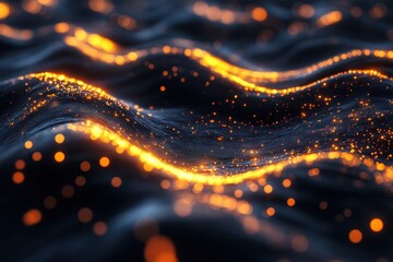 Poster - flowing waves of glowing particles create a mesmerizing visual display in dark surroundings