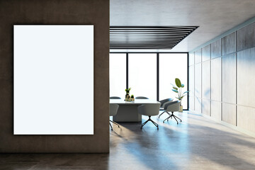 Poster - Modern conference room with blank poster on wall and sleek furniture in bright interior. 3D Rendering