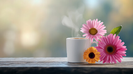 Poster - White coffee cup with steam coming out of it. Minimalistic background.