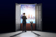 © Who is Danny - Businesspeople standing by open doors, overlooking a bright cityscape, concept of opportunity and future.