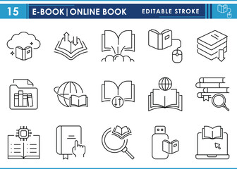Leinwandbilder - A set of line icons related to E-book or Online Books. Books, digital, download, cloud, worldwide, library, and so on. Vector editable stroke.