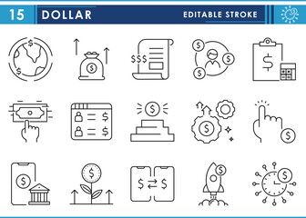 Poster - A set of line icons related to Dollar. Currency, USD, pay, buy, trade, transfer, statement, and so on. Vector editable stroke.