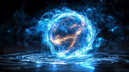 Wall Mural - Glowing energy sphere on dark water, abstract background, VFX, visual effects