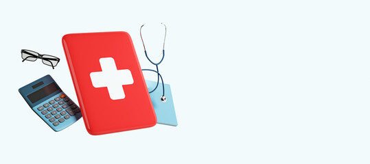 Aufkleber - Medical objects including red first aid kit, stethoscope, calculator, and glasses on light background. Healthcare and finance concept. 3D Rendering