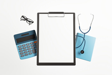 Poster - Medical clipboard with stethoscope, calculator, glasses, and notebook on white background. 3D Rendering
