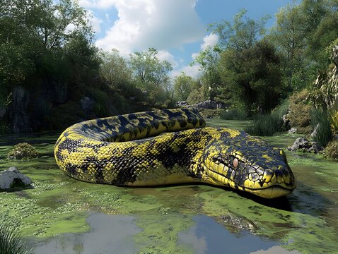 Giant Anaconda in Swamp Landscape Digital Art