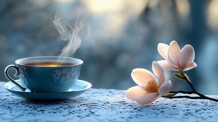 Poster - Cup of tea is on a table with a flower next to it. Minimalistic background.