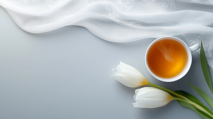 Canvas Print - White cup of tea sits on a table next to a bunch of white flowers. Minimalistic background.