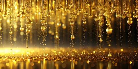 Golden liquid droplets falling onto a sparkling surface, creating a cascade of shimmering brilliance.